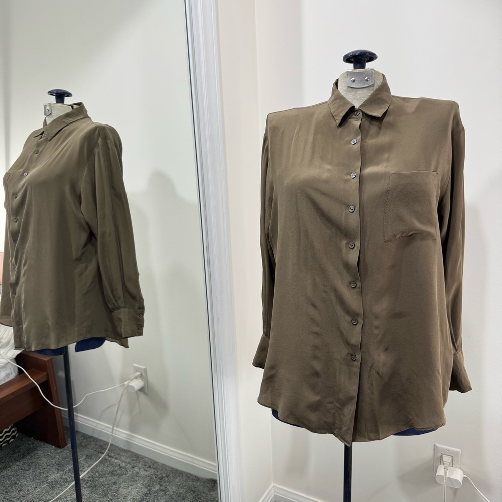 Zara Olive Green Button-Up Silk Blouse. XS